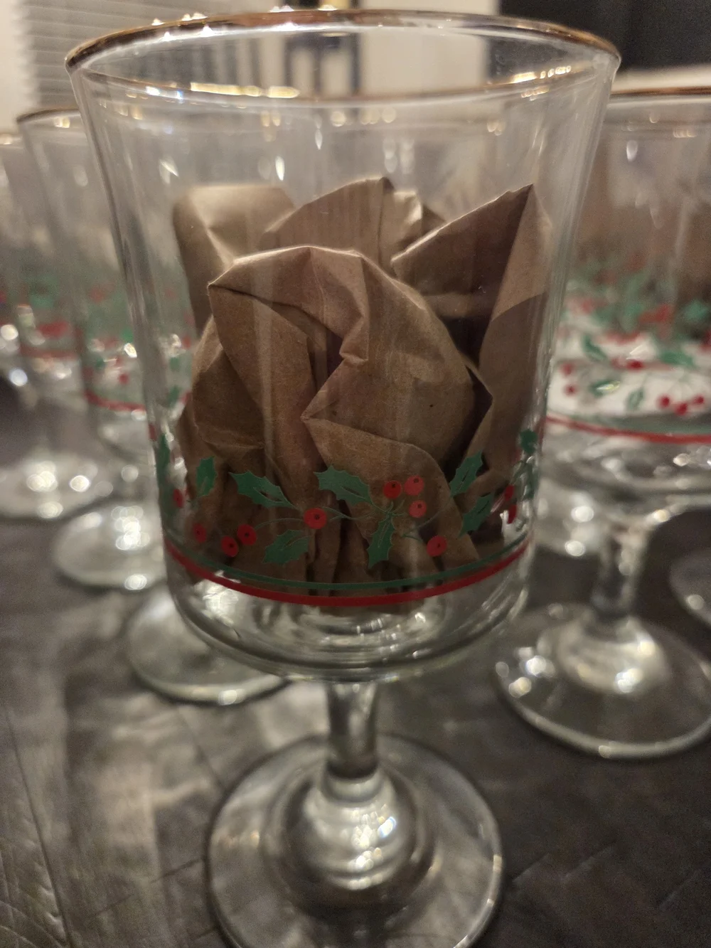 1987 Vintage Holiday Holly Stemmed Glass - Clear with Green & Red And Gold Rim